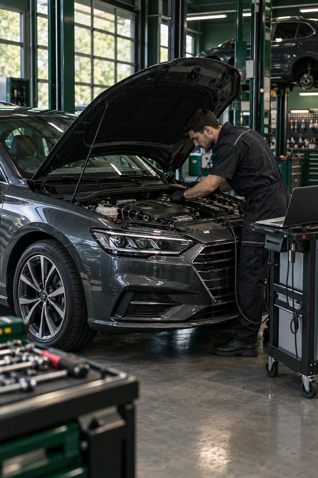 Imagen ilustrativa de un técnico revisando el motor de un automóvil en un taller